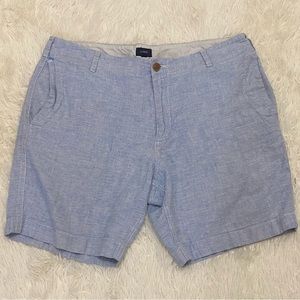 J. Crew Seersucker Blue White Pin Striped Flat Front Shorts Flap Pockets Mens 38